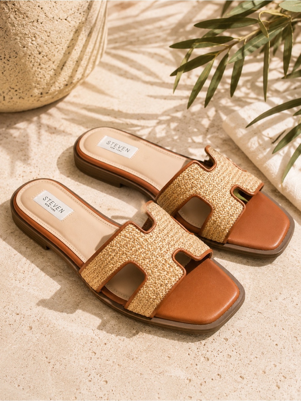 STEVEN New York Harlien Raffia Woven Slide Sandals Brown Size 9